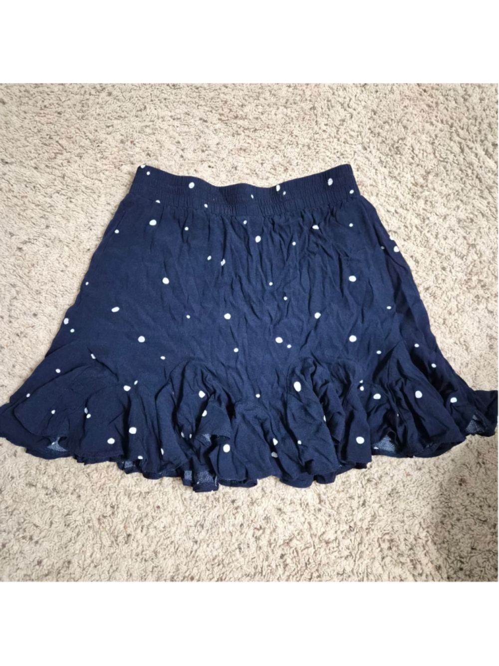 Women's LOFT Petite SP Navy Polka Dot Mini Skirt With Scalloped Ruffle Bottom